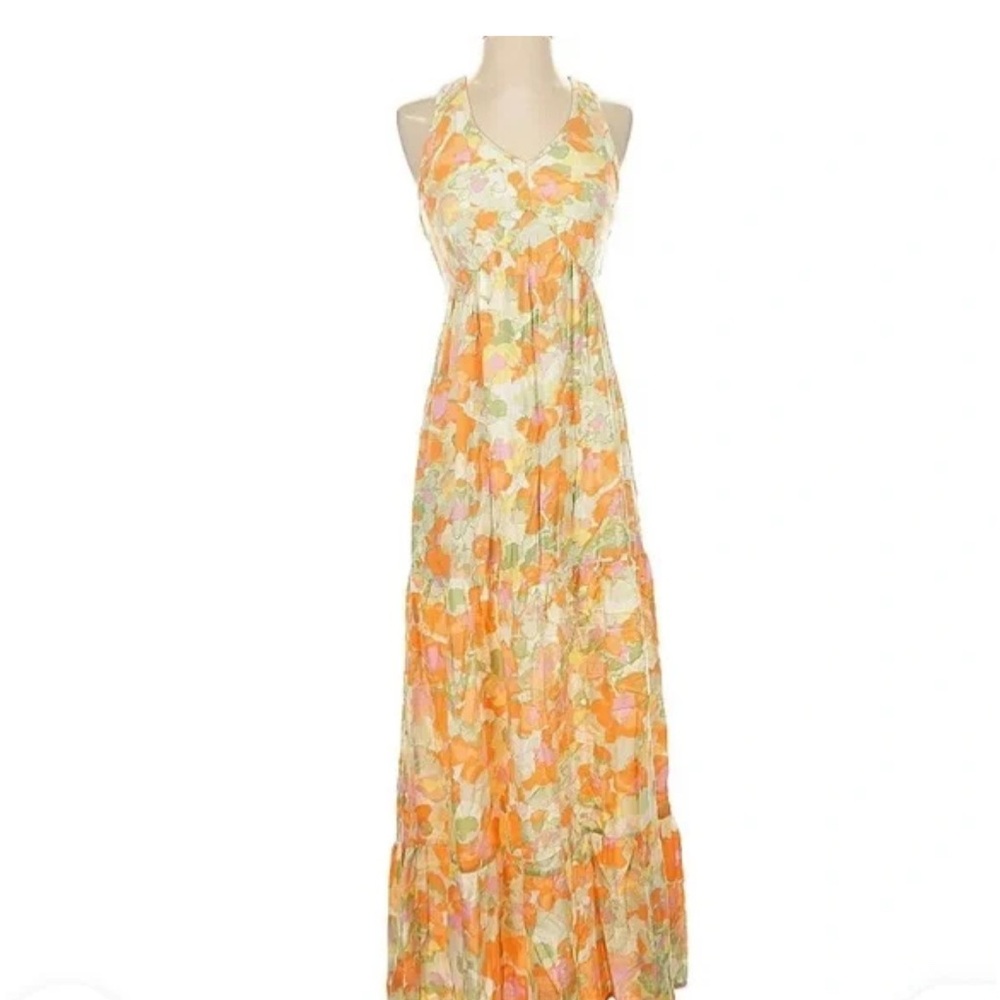 Japna Floral Halter Maxi Dress - Orange and Cream